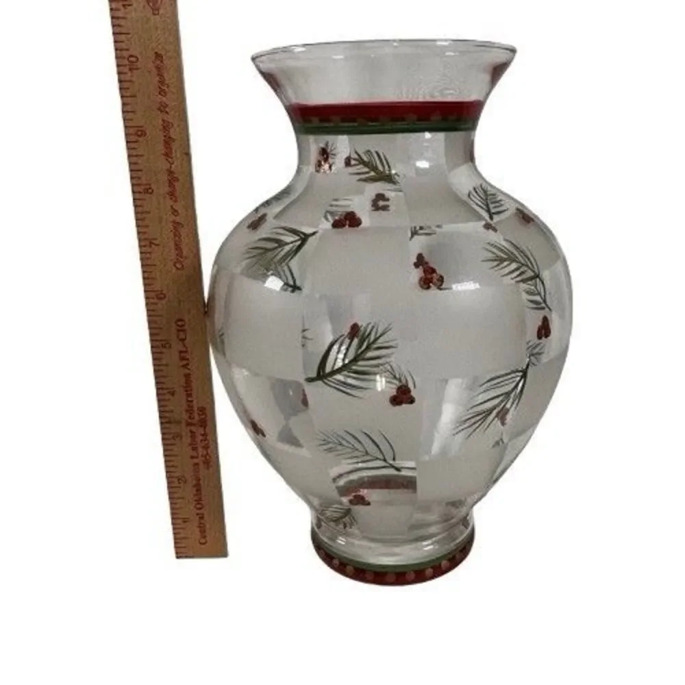 LG Glass Holly Berry & Pinecones Vase Hand Painted VTG Winter Holiday Christmas